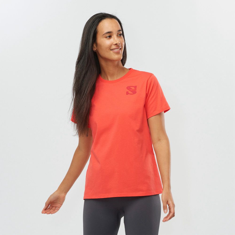 T-Shirts Salomon Femme Corail - Salomon OUTLIFE SMALL LOGO SS W - France (5639-YCENQ)